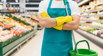 Dedicated cleaner ready to maintain pristine supermarket aisles, ensuring a fresh shopping experience for every customer.