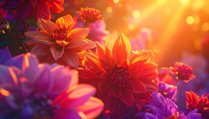 view of colorful flowers bathed in warm sunlight, showcasing vibrant red, orange, and purple hues with bokeh effects, creating a dreamy and romantic atmosphere in a natural garden setting, exuding...