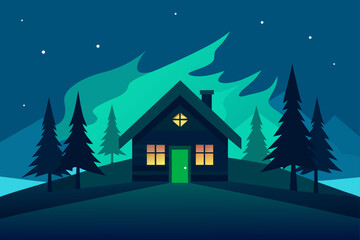 A cozy winter village house in the snowy forest landscape creates a festive Christmas holiday scene with cartoon vector cottages under a starry night sky for a New Year celebration card