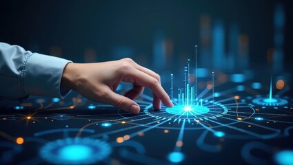 Digital interface with a person's hand interacting with glowing data patterns, featuring vibrant blue and orange colors, illuminating technological concepts in a dark, futuristic setting.