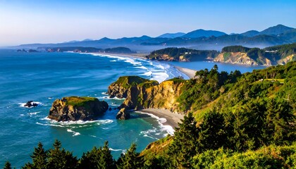 Fototapeta premium A breathtaking vista of a rugged coastline, featuring dramatic cliffs, a sandy beach, and turquoise waters.