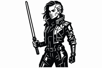Obraz premium Cyberpunk woman warrior with glowing sword ready for battle in futuristic city