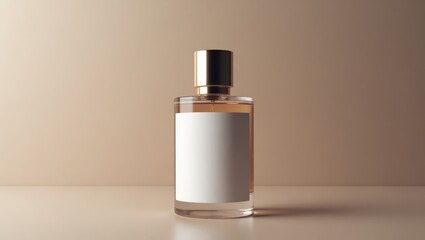 Naklejka premium Elegant perfume bottle featuring a gold cap and a minimalist white label stands centered on a reflective surface against a neutral, warm-toned background, showcasing a sophisticated and clean...
