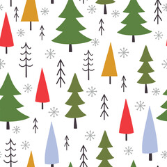 Winter seamless pattern with different trees and snowflakes. Vector illustration. It can be used for wallpapers, wrapping, cards, patterns for clothes and other.