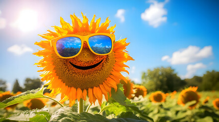 A vibrant orange sunflower with a happy, playful smile wears stylish yellow sunglasses with blue lenses, standing tall in a sunlit field of golden sunflowers.