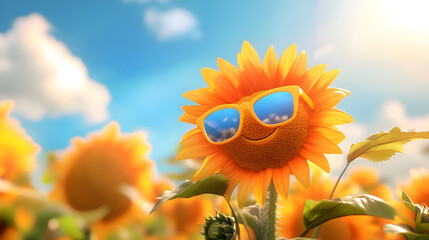 A vibrant orange sunflower with a happy, playful smile wears stylish yellow sunglasses with blue lenses, standing tall in a sunlit field of golden sunflowers