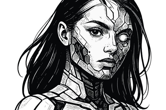 Striking black and white sketch of a cyborg woman with intricate mechanical details on her face and neck