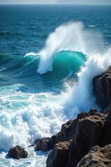 Dramatic Ocean Waves Crashing on Rocky Shore Powerful Whitewater and Sea Foam, Natures Raw Energy
