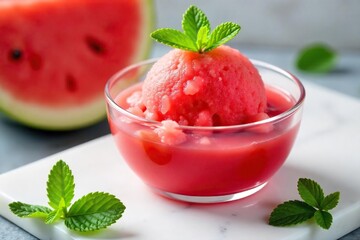 Cooling Homemade Watermelon Granita on Marble Slab, Vibrant Red Summer Treat, Perfect for Hot Days, Close-Up