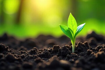 Spring Rebirth Vibrant Green Shoots Emerging from Dark Soil in Warm Sunlight