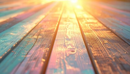 Warm sunlight bathes a wooden surface, showcasing detailed grain patterns and vibrant hues of blue, pink, and gold, illuminating the textured wooden planks with a soft, inviting glow, creating a...