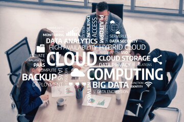 A dynamic corporate meeting focused on cloud computing strategies, featuring visual keywords related to data management and innovative technology solutions for business growth. Tessel