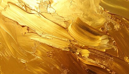 Luxurious gold paint strokes create a dynamic, textured abstract composition. The warm, metallic hue evokes feelings of opulence and radiance across the surface of the artwork.