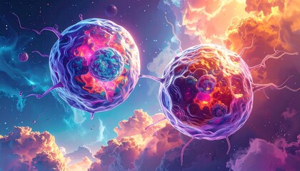 Two vibrant, spherical entities float amidst a dreamy, otherworldly sky