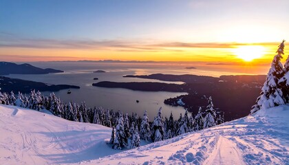 Snowy mountaintop vista at sunset over a tranquil fjord