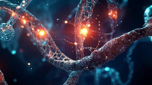 Abstract double helix structure with glowing nodes