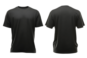 The front and back of a blank black crew neck t-shirt are shown side-by-side as a mockup for clothing designs on an isolated black background, isolated on transparent background, perfect cutout, PNG