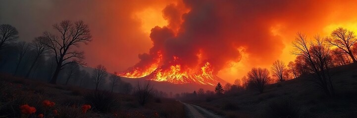 Dramatic Wildfire Engulfs Dry Forest, Creating a Fiery Landscape of Destruction and Regeneration