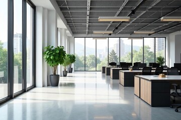 Modern Office Space with Abundant Natural Light Sleek Minimalist Design and Stylish Furniture Ideal for Corporate Professionals and Business Settings.