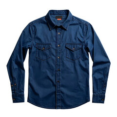 A close-up of a medium-blue denim long-sleeved shirt with pockets and button-down collar