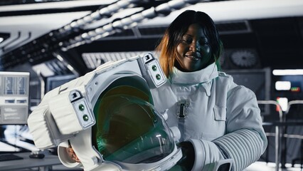 Portrait of happy astronaut holding helmet inside space station after completing surface mission on unfamiliar planet. Cheerful cosmonaut preparing for return to Earth