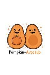 Cute pumpkin-shaped avocado halves with smiling faces. Funny Halloween illustration for fall decor, prints, stickers, and apparel.
