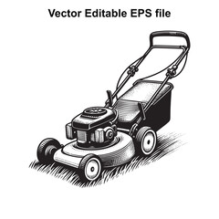 Fototapeta premium Vector art of a black and white illustration of a lawn mower with a grass catcher