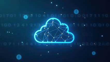 A glowing blue cloud icon, representing cloud computing, is centrally positioned, framed against a dark blue digital background filled with binary code and abstract floating particles creating an...