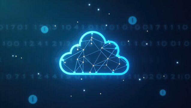 A glowing blue cloud icon, representing cloud computing, is centrally positioned, framed against a dark blue digital background filled with binary code and abstract floating particles creating an... - Powered by Adobe