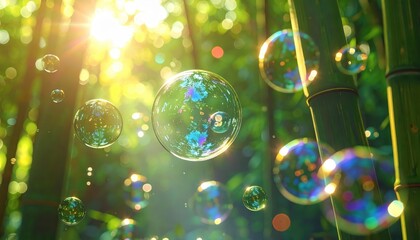 Numerous iridescent bubbles float gently amidst the vibrant green bamboo stalks, illuminated by the warm sunlight filtering through the dense forest foliage, creating a whimsical and enchanting...
