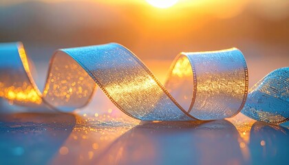 Elegant, flowing ribbon gracefully curves in a serene, golden-hued, soft-focus scene, enhanced by a warm, radiant backlight that creates a glowing and shimmering effect, perfect for themes of...