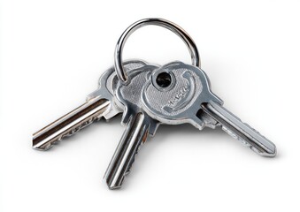 Three metallic keys on a key ring, isolated on white