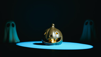 Light beam searches for ghosts and Halloween pumpkin at scary night