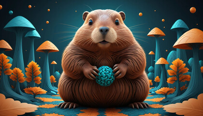 Cute Beaver Holding Brain Ball in Whimsical Fantasy Forest Scene