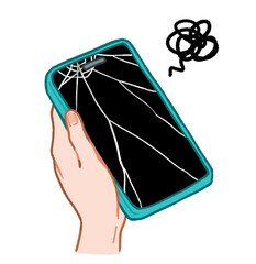 画面がひび割れたスマホ・スマートフォンを持っている人の手元（手描きイラスト）