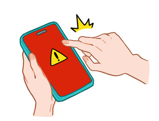 スマートフォン・スマホがウイルスに感染して驚いている人の手元（手描きイラスト素材）