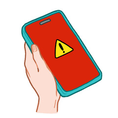 ウイルスに感染したスマートフォン（スマホ）を持っている手の手描きイラスト