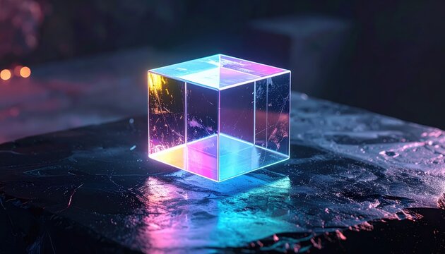 A brightly illuminated, transparent cube sits on a dark, textured surface, reflecting vibrant rainbow hues of pink, blue, yellow, and orange.