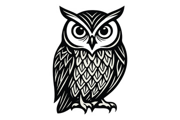 Fototapeta premium Detailed black and white linocut illustration of a wise owl perched and looking forward
