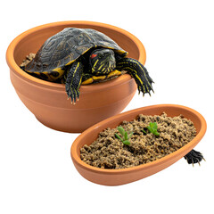 A turtle sits in a ceramic pot, with another pot containing soil