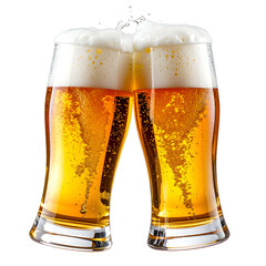 Two brimming beer mugs clinking, creating a bubbly toast, with frothy heads against black