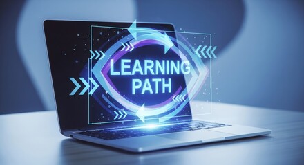 A laptop displaying a futuristic learning path interface with glowing graphics.