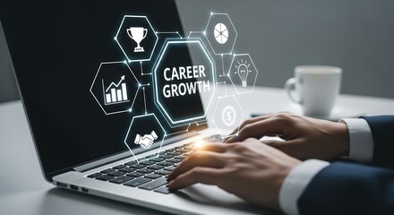 A professional working on a laptop, focusing on career growth and development.