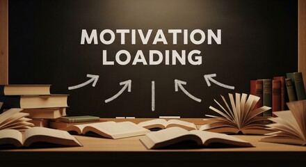 A motivational concept with books and chalkboard showcasing 'Motivation Loading.'