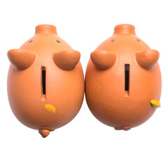 Two terracotta piggy banks, side by side, with ears, tail, slot, and small coins