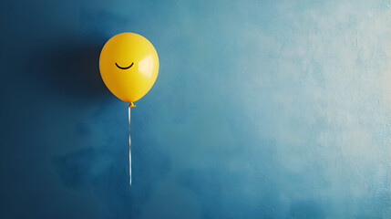 A single yellow balloon with a cheerful smile drifts against a smooth blue backdrop, symbolizing happiness, optimism, and carefree joy