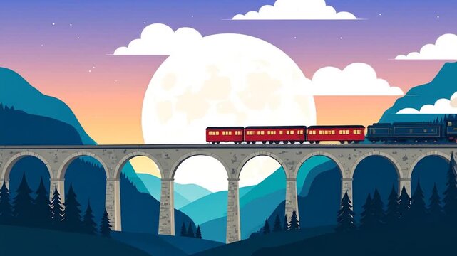 Animated train travels across an elevated bridge in a colorful sunset scene