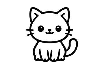 Cute hand drawn black and white kawaii cat sitting with big eyes and tail