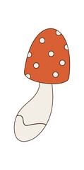 Groovy retro cartoon mushroom sticker with red psychedelic cap in trippy magic style. Groovy element appears as a y2k symbol, with a fun and funky pop look for modern creative art use.
