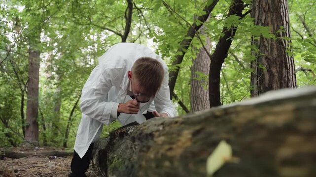 Biologist in white lab coat bending over fallen stump using microscope for close observation in dense forest, carefully studying natural growth and ecological environment among woodland trees